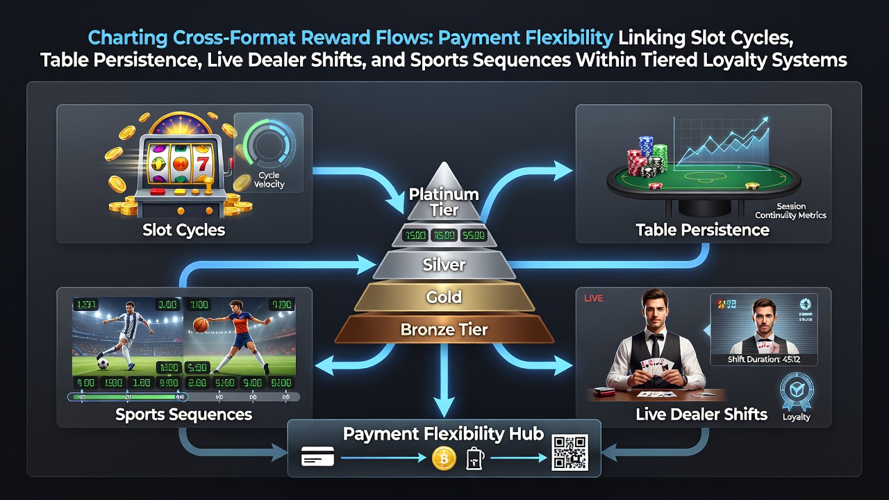 Visual diagram showing interconnected reward pathways across slot cycles, table games, live dealer sessions, and sports betting sequences within tiered loyalty programs