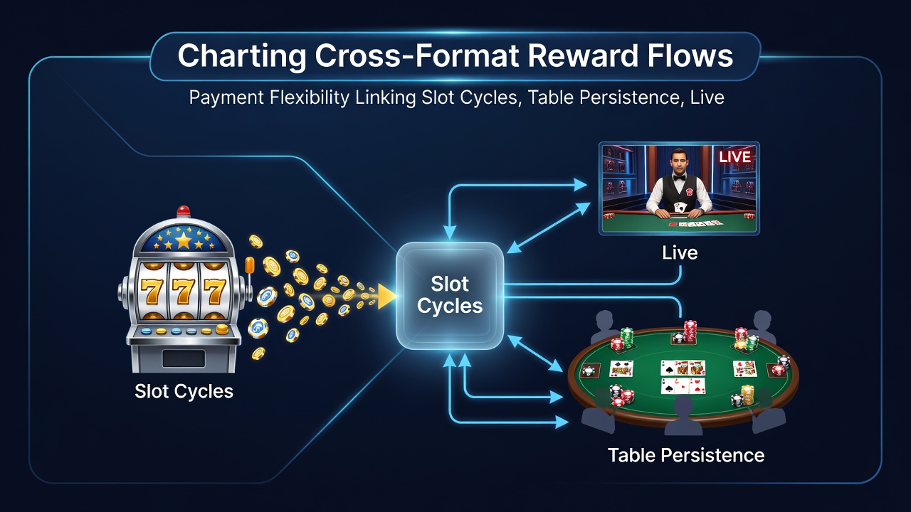 Infographic illustrating payment flexibility connecting loyalty tiers across diverse gaming formats including slots, tables, live dealers, and sports