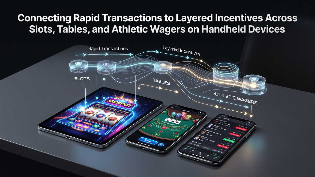 Mobile device displaying slots, table games, and sports betting interfaces with instant deposit confirmation and layered bonus indicators