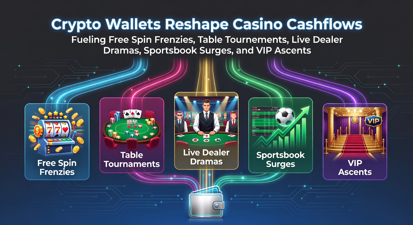 Digital wallet interface showing cryptocurrency transactions flowing into a vibrant online casino dashboard, highlighting seamless deposits for slots and tables