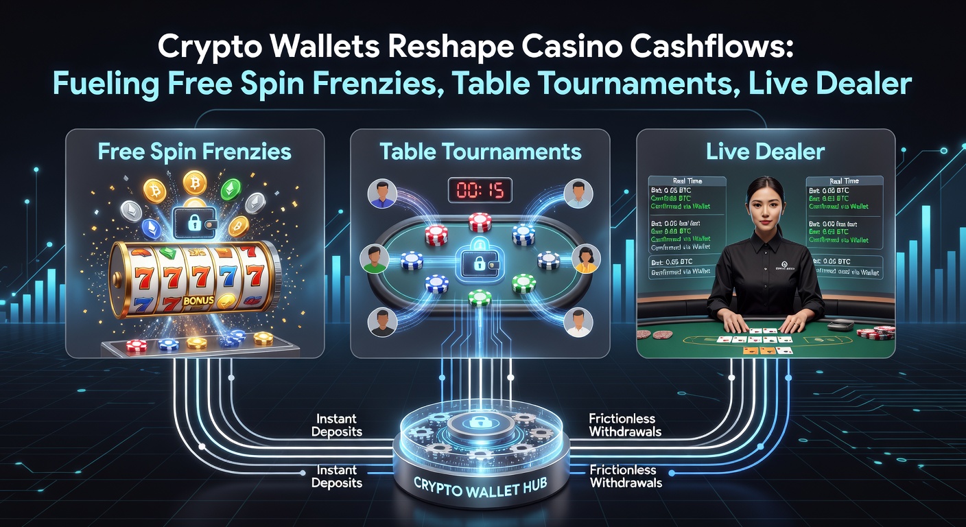 Animated graphic of cryptocurrency icons surging into casino games like live blackjack tables, sportsbooks, and VIP lounges, illustrating revenue acceleration