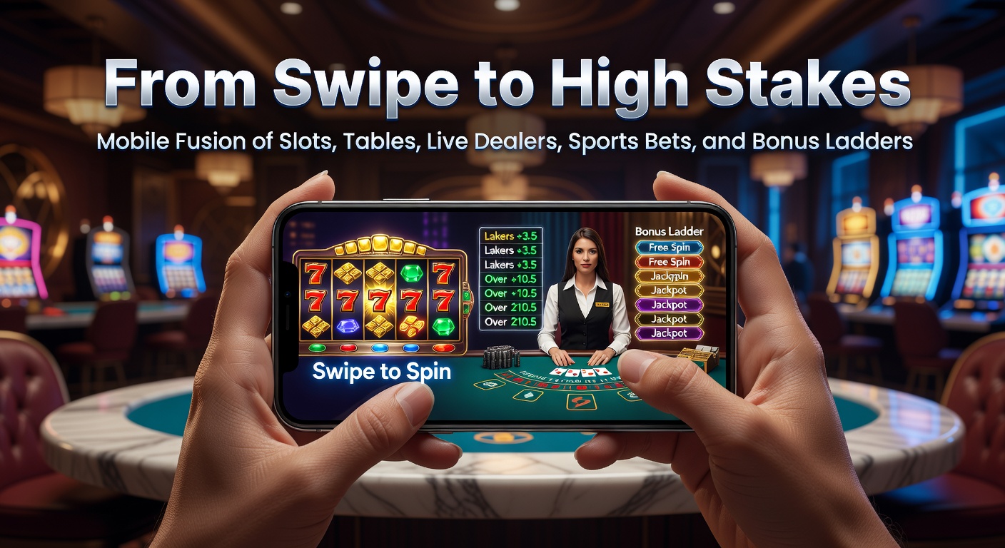 Smartphone screen displaying a seamless mobile casino interface with slots spinning, a live dealer table in progress, sports betting odds updating live, and a bonus ladder climbing toward bigger rewards