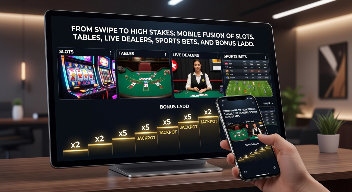 Close-up of a mobile app fusion showing a sports bet slip next to a live dealer blackjack table, with a bonus ladder progressing in the background amid slot reels