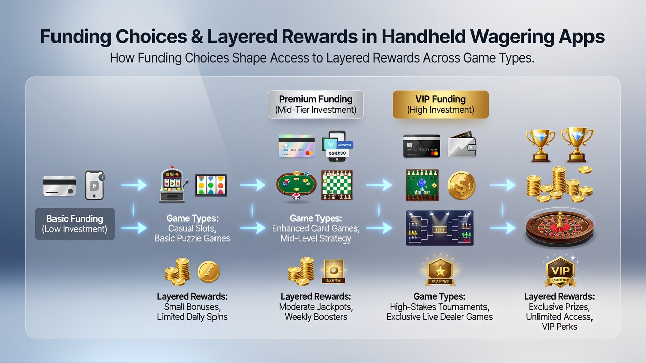 Mobile wagering app interface showing deposit options and layered reward tiers across slots and live games