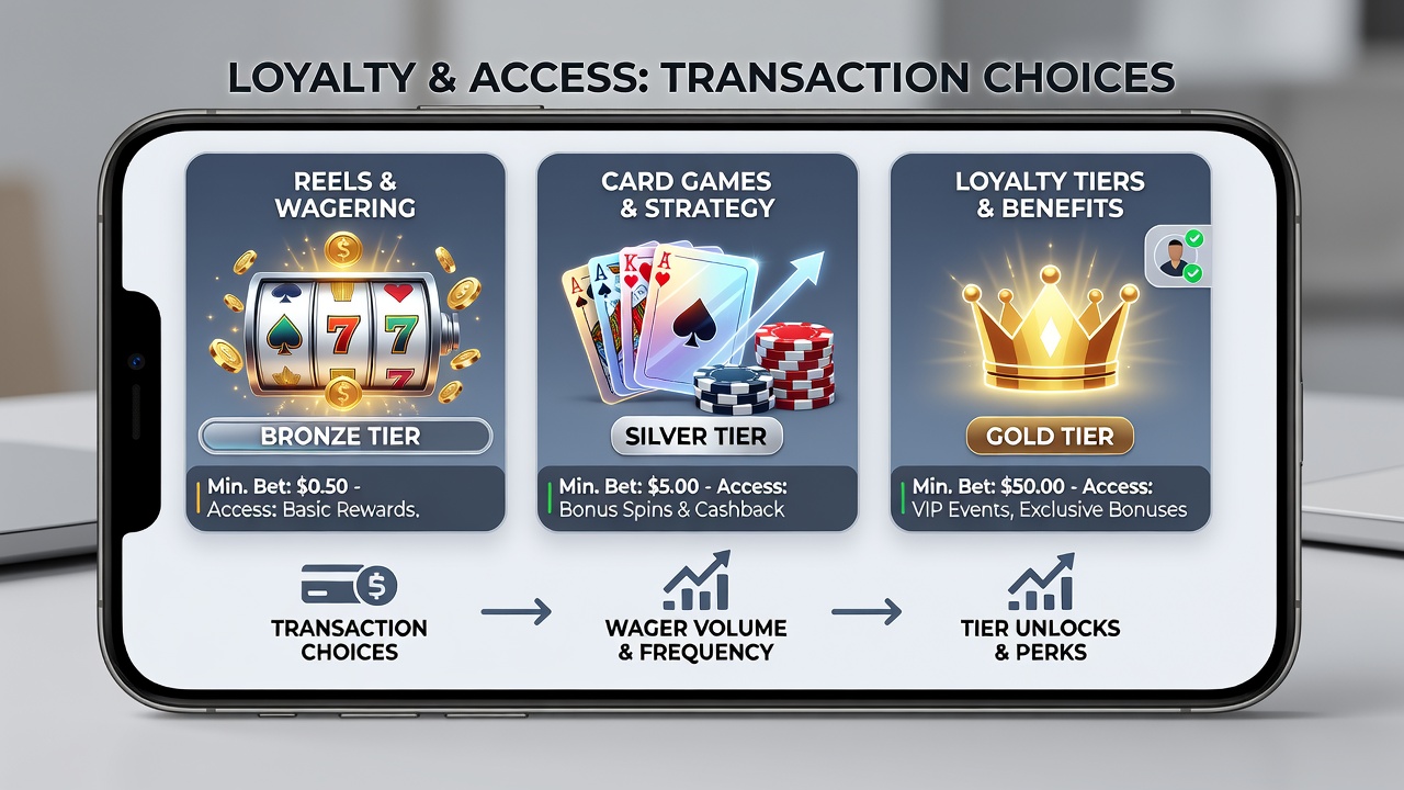 User dashboard in a portable wagering app displaying loyalty tier progress, recent transactions, and rewards across different game categories