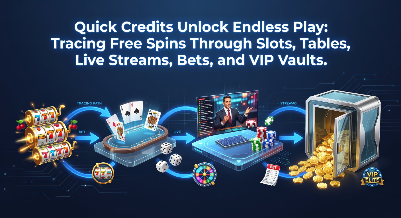 Dynamic graphic showing instant credits triggering a chain of free spins from slot reels to VIP vaults in a vibrant casino interface