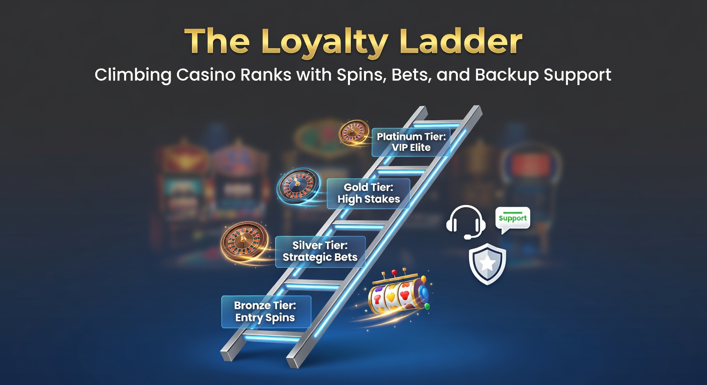 Casino loyalty ladder graphic showing tiers from bronze to diamond with icons for slots, bets, and support chat