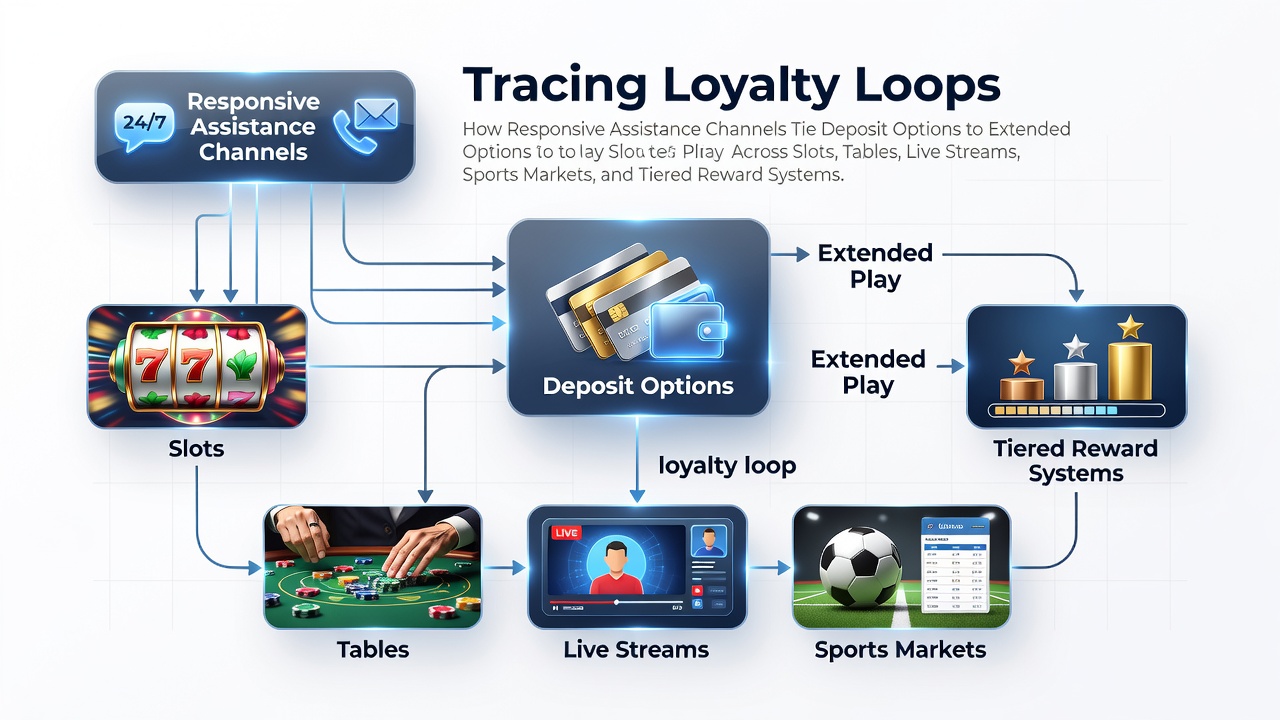 Illustration of loyalty loops connecting deposit options to extended play across various casino games and reward tiers
