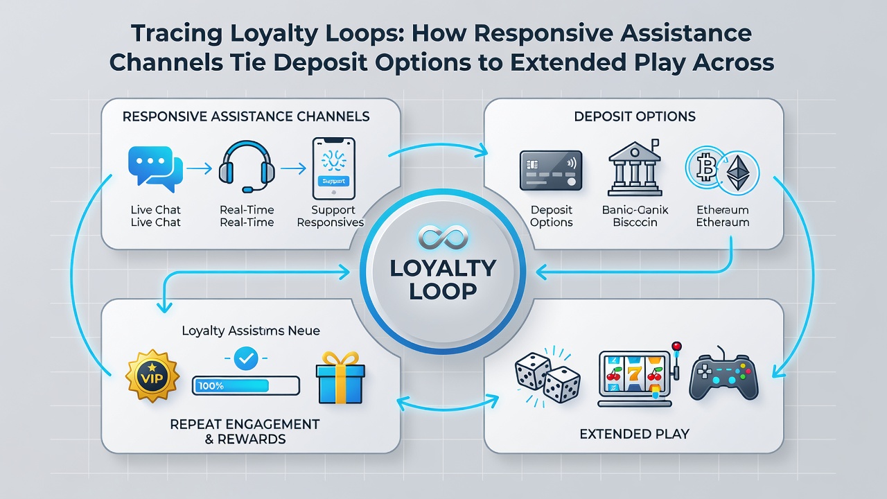 Diagram showing connections between support channels, deposits, and multi-game extended play sessions