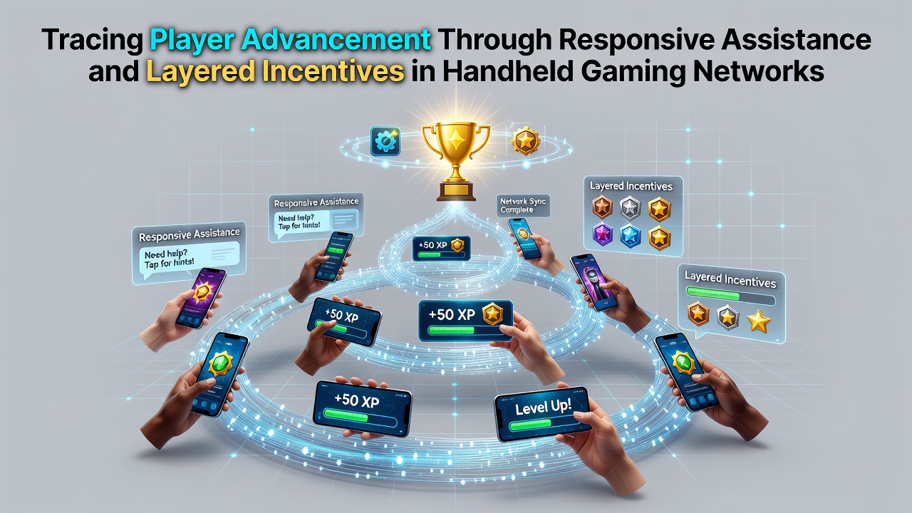 Mobile gamers advancing through layered reward systems in handheld gaming apps with responsive support features