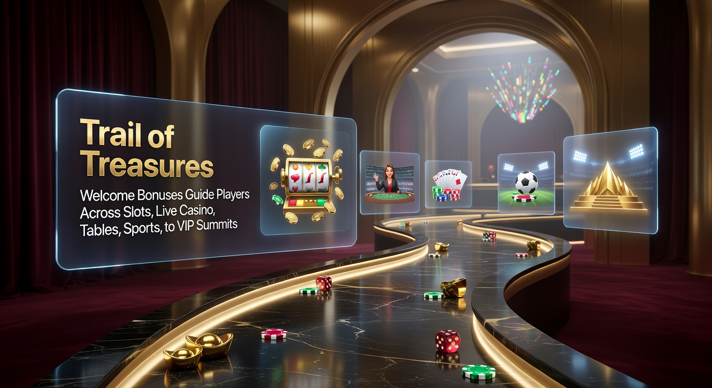 Vibrant digital trail map illustrating a player's journey from welcome bonus activation through glowing slots, live dealer tables, sports betting arenas, and ascending to a summit crowned with VIP treasures