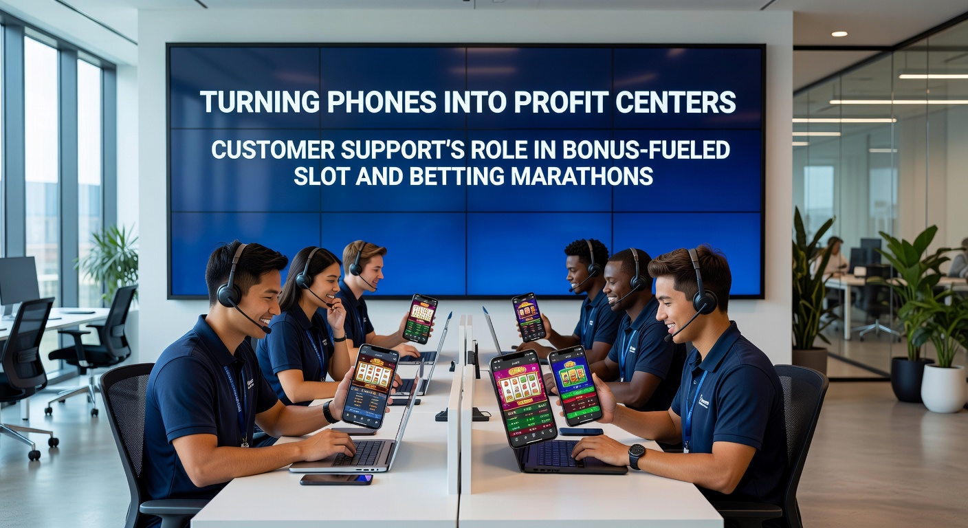 Customer support agent at a desk with multiple screens showing live chats from mobile gamblers querying bonus wagering progress during peak hours