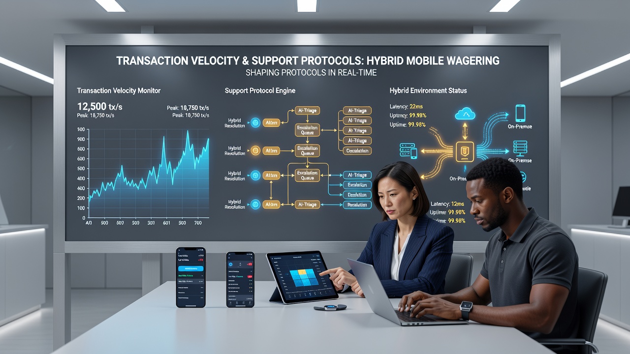 Support team dashboard displaying real-time transaction velocity metrics alongside wagering activity in a hybrid mobile platform